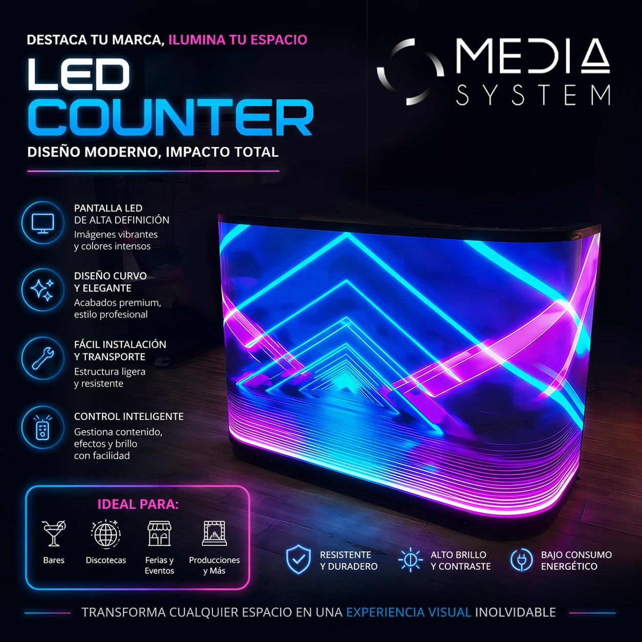Mostrador curvo con pantalla LED de alta definición